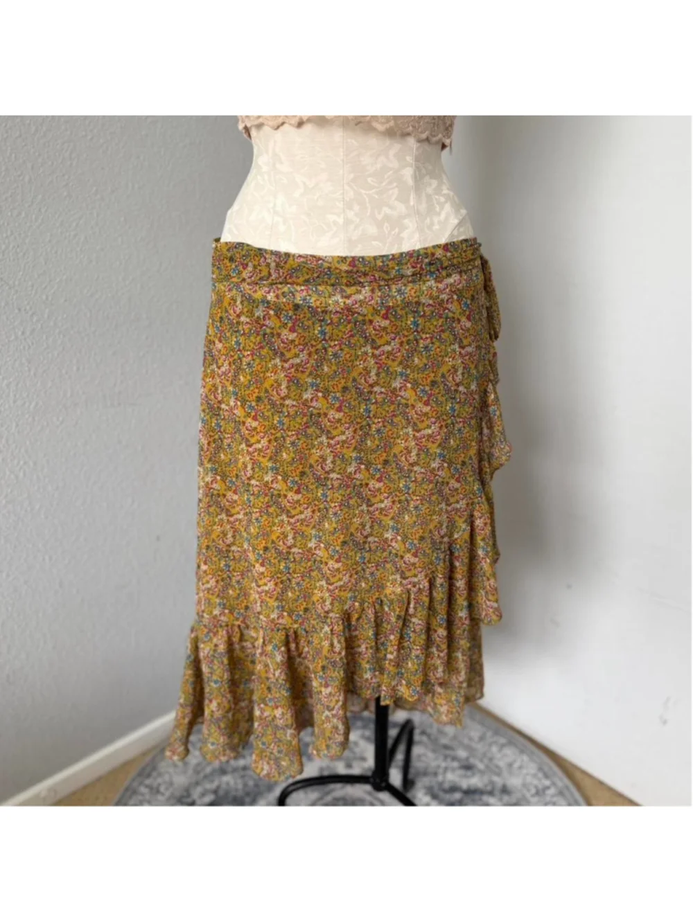 Rebecca Minkoff Yellow Paisley Selena Midi Skirt with Ruffle Hem & Tie Waist - M